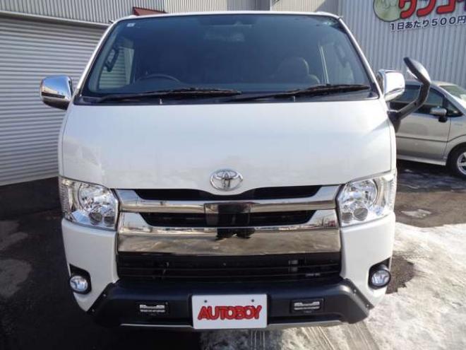 レジアスエース2.8 スーパーGL ダークプライムII ロングボディ ディーゼルターボ 4WD　ワンオーナー　TRDフロントスポイラー　TRD　TF7Aアルミホイール　両側パワースライドドア　リアヒーター　純正ナビ　フルセグ　Bluetooth　レーダーブレーキ　荷室ダウンライト　車線逸脱警報 2800