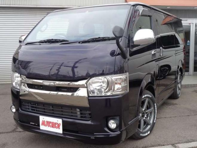 レジアスエース2.8 スーパーGL ダークプライムII ロングボディ ディーゼルターボ 4WD　415COBRA　S-6ボンネット&クリーンルック3Fリップ&ステージ2ルーフスポイラー&バッドラッカーSD-6　17インチAW　ヨコハマPARADA215/60R17　両側パワースライドドア　ETC　社外コンソールBOX　ベットキット 2800