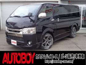 レジアスエース　2.8 スーパーGL ダークプライムII ロングボディ ディーゼルターボ 4WD　415COBRA　S-6ボンネット&クリーンルック3Fリップ&ステージ2ルーフスポイラー&バッドラッカーSD-6　17インチAW　ヨコハマPARADA215/60R17　両側パワースライドドア　ETC　社外コンソールBOX　ベットキット 2800