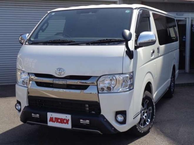 レジアスエース2.8 スーパーGL ダークプライムII ロングボディ ディーゼルターボ 4WD　ワンオーナー　TRDフロントスポイラー　TRD　TF7Aアルミホイール　両側パワースライドドア　リアヒーター　純正ナビ　フルセグ　Bluetooth　レーダーブレーキ　荷室ダウンライト　車線逸脱警報 2800