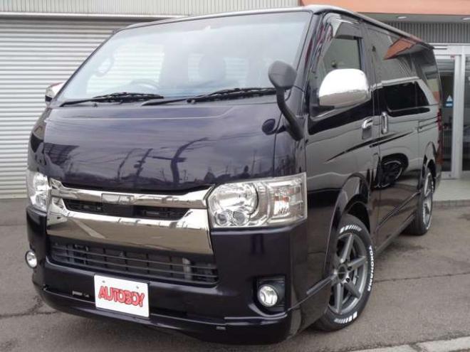 レジアスエース2.8 スーパーGL ダークプライムII ロングボディ ディーゼルターボ 4WD　415COBRA　S-6ボンネット&クリーンルック3Fリップ&ステージ2ルーフスポイラー&バッドラッカーSD-6　17インチAW　ヨコハマPARADA215/60R17　両側パワースライドドア　ETC　社外コンソールBOX　ベットキット 2800