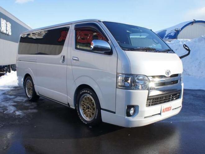 ハイエースバン2.8 スーパーGL ダークプライムII ロングボディ ディーゼルターボ 4WD　ワンオーナー　メモリーナビTV　バックカメラ　ワークエクストラップ17インチAW　ローダウン　415コブラフロントスポイラー　両側パワースライドドア　AC100V　トヨタセーフティセンス　寒冷地仕様 2800